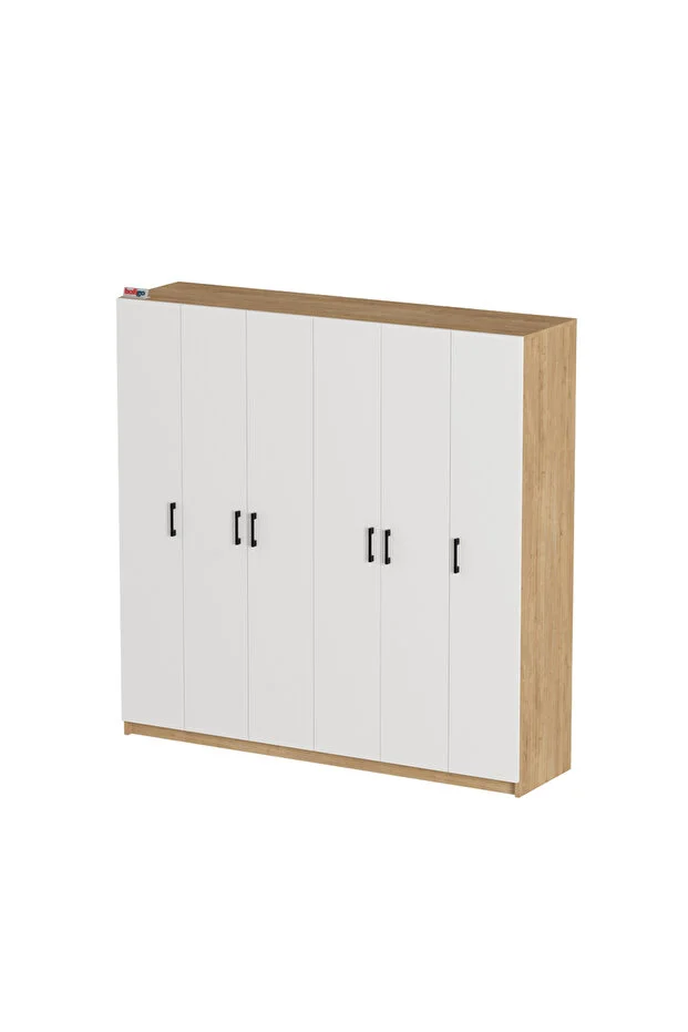 6 Kapaklı 16 Raflı Gardırop Elbise Dolabı 6 Kapaklı Gardırop Smyrna Safir Meşe Beyaz